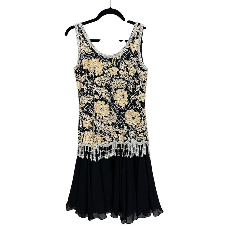 Vtg Black Tie Womens Mini Flared Dress 2 Black Yellow Sequin Embellished Party